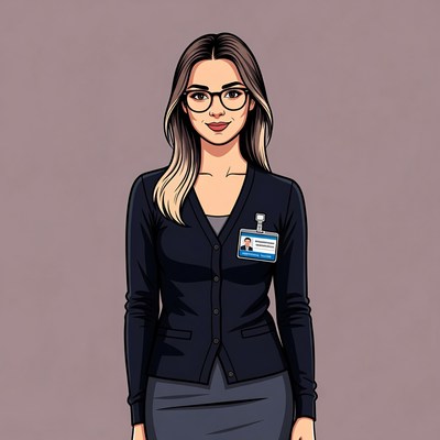 Woman in cardigan with ID badge