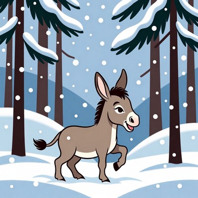 Cartoon donkey walking in snowy forest