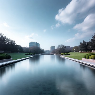 Long reflecting pool with city skyline