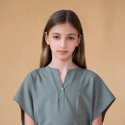 Girl in green shirt on beige background