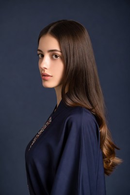 Woman in navy blue kimono profile