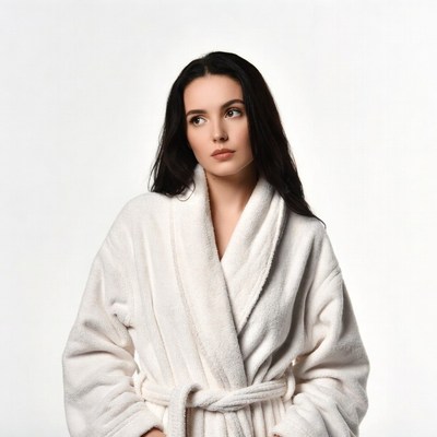 Woman in white bathrobe gazing upward