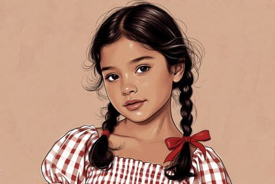 Girl with pigtails in checkered dress