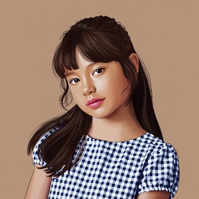 Asian girl in checkered dress