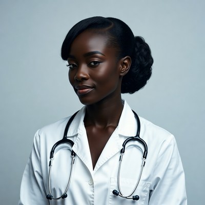 African-American woman in white coat stethoscope