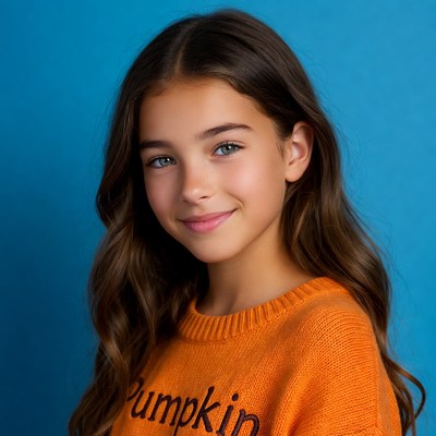 Girl smiling in pumpkin sweater