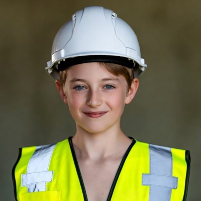 Boy wearing hard hat and hi-vis vest