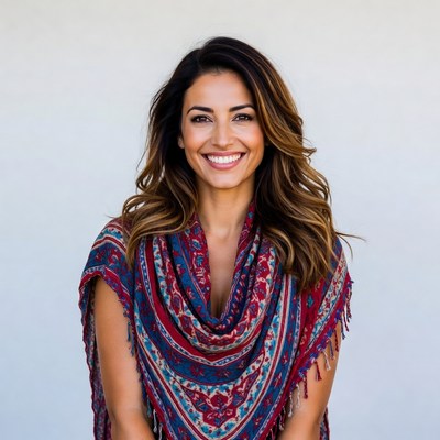 Smiling woman in colorful shawl