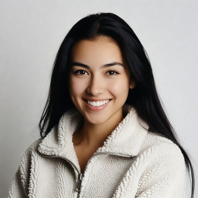 Smiling Asian woman in white jacket