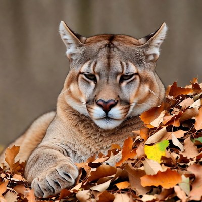 Cougar lying in autumn leaves