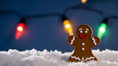 Gingerbread man on snow with Christmas lights