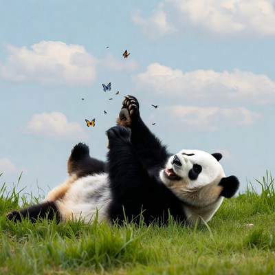 Panda playing with butterflies