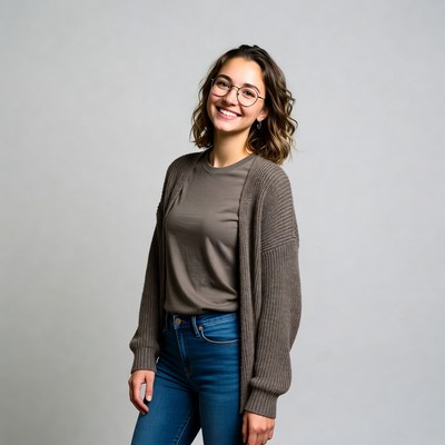 Smiling young woman in cardigan and jeans