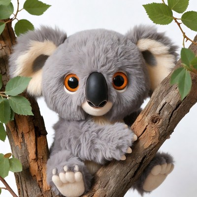 Cute plush koala on tree branch