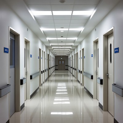 Empty Hospital Corridor with Doors