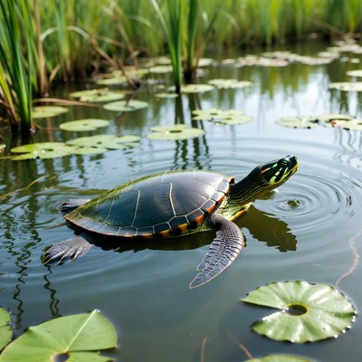 Red-eared slider turtle in pond