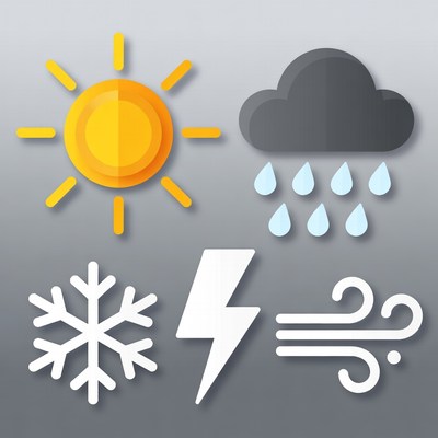 Weather Icons: Sun, Cloud, Rain, Snow, Lightning, Wind