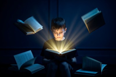 Boy reading glowing book with flying books