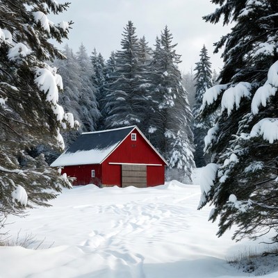Red Barn in Snowy Forest