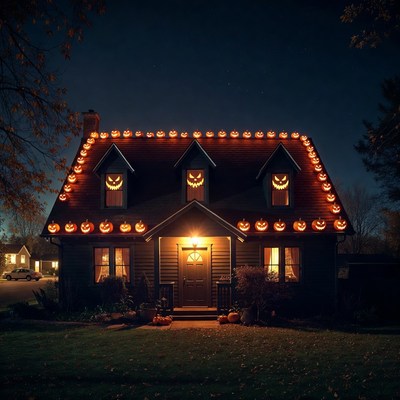 Halloween House with Jack-o-Lantern Lights
