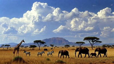 African Savanna with Giraffes Zebras Elephants