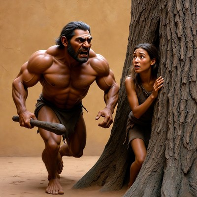 Muscular caveman chasing woman behind tree