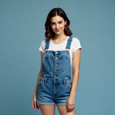 Woman in denim overall shorts