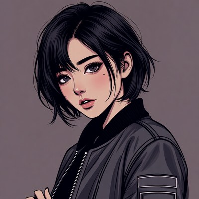 Anime girl in black bomber jacket