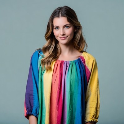 Woman in rainbow dress smiling