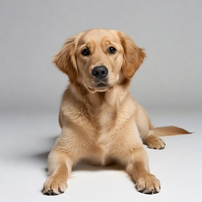 Golden Retriever lying on white background