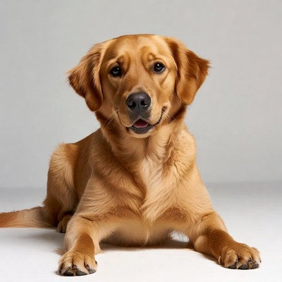 Golden Retriever lying on white background