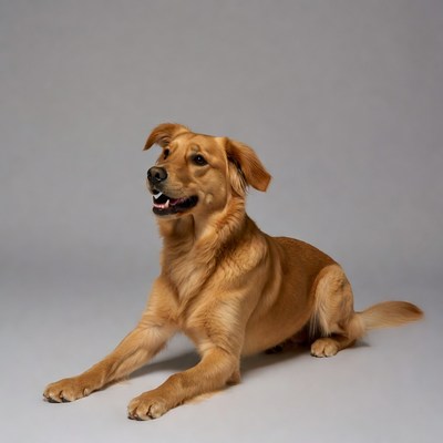 Golden Retriever lying on gray background