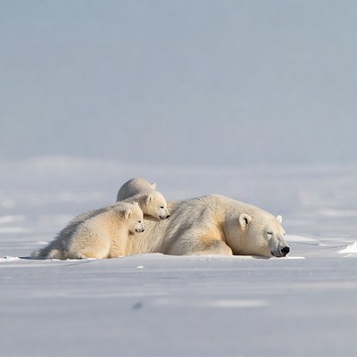Mother polar bear with cubs on snow