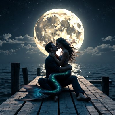 Man kissing mermaid on moonlit pier
