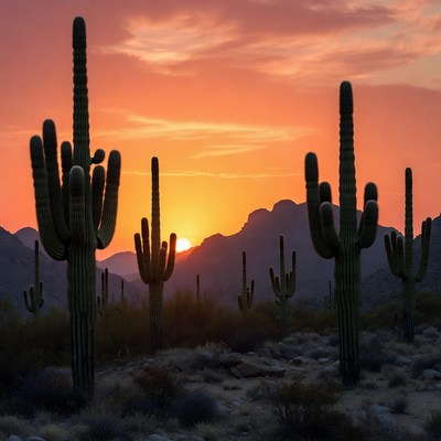Saguaro Cacti at Sunset