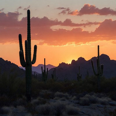 Saguaro Cacti at Sunset