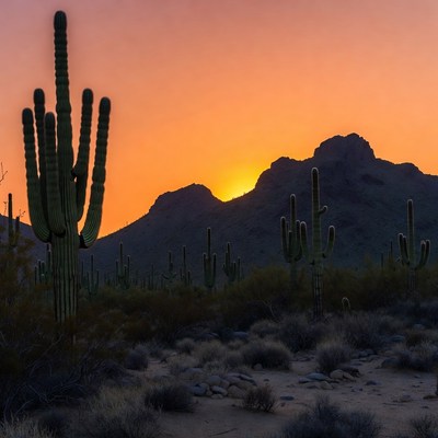 Saguaro Cacti at Sunset with Mountains