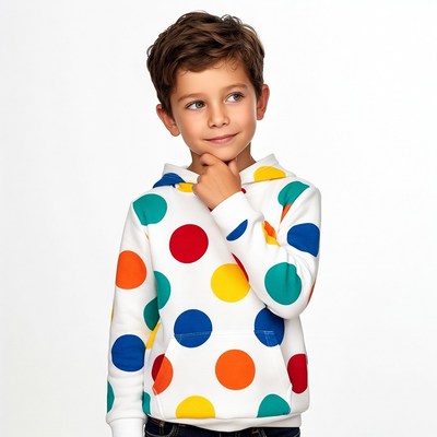 Boy pondering in colorful polka dot hoodie