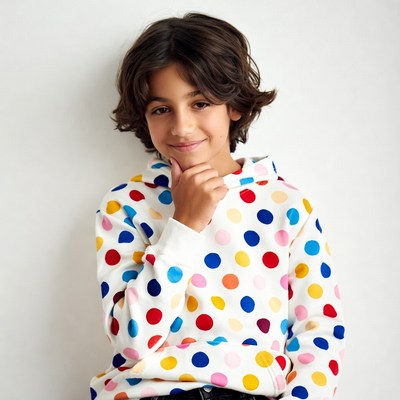 Boy in colorful polka dot hoodie