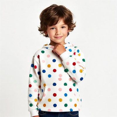 Boy in colorful polka dot hoodie