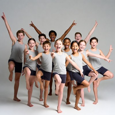 Diverse kids dancing in gray tank tops