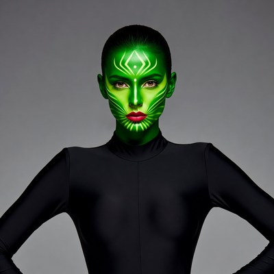 Woman with glowing green face paint