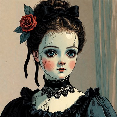 Porcelain doll girl with cracked face