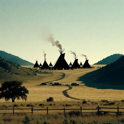Tipis in Mountain Valley Landscape