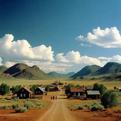 Group walking toward mountain village