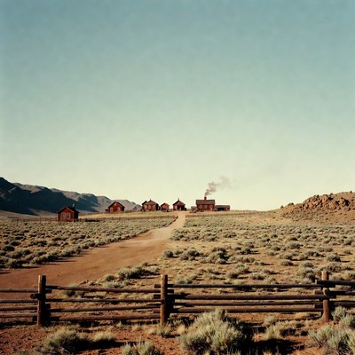 Red Cabins in Desert Landscape