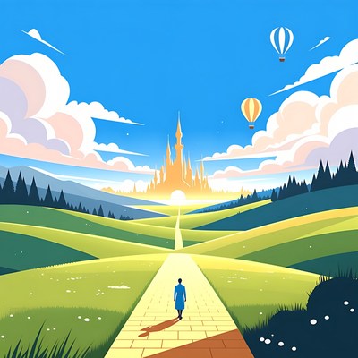 Woman walking yellow brick road to golden castle