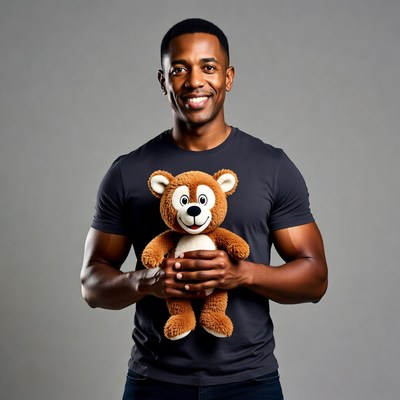 African-American man holding teddy bear