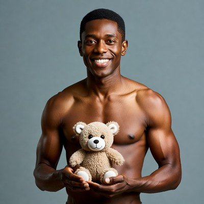 Muscular African-American man holding teddy bear