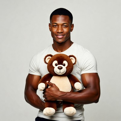 African-American man holding teddy bear